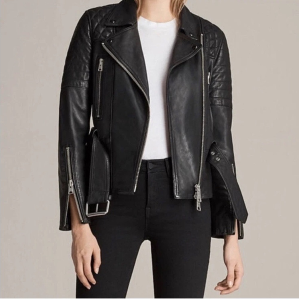 All Saints Lamb Leather Jacket Bryden Biker Black Silver Hardwear Sz 6